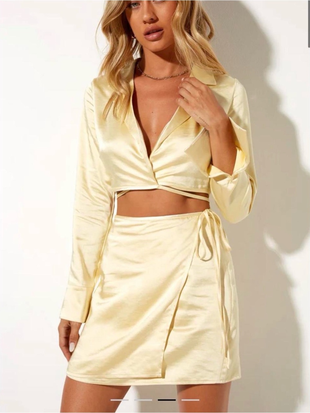 Motel Rocks Pale Yellow Satin Two-Piece Wrap Skirt Set